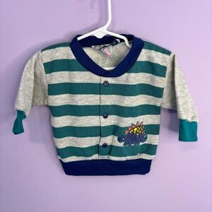 VINTAGE COLORTRACK GREEN GRAY STRIPED DINOSAUR PATCH SWEATSHIRT SIZE 6/9 MONTHS